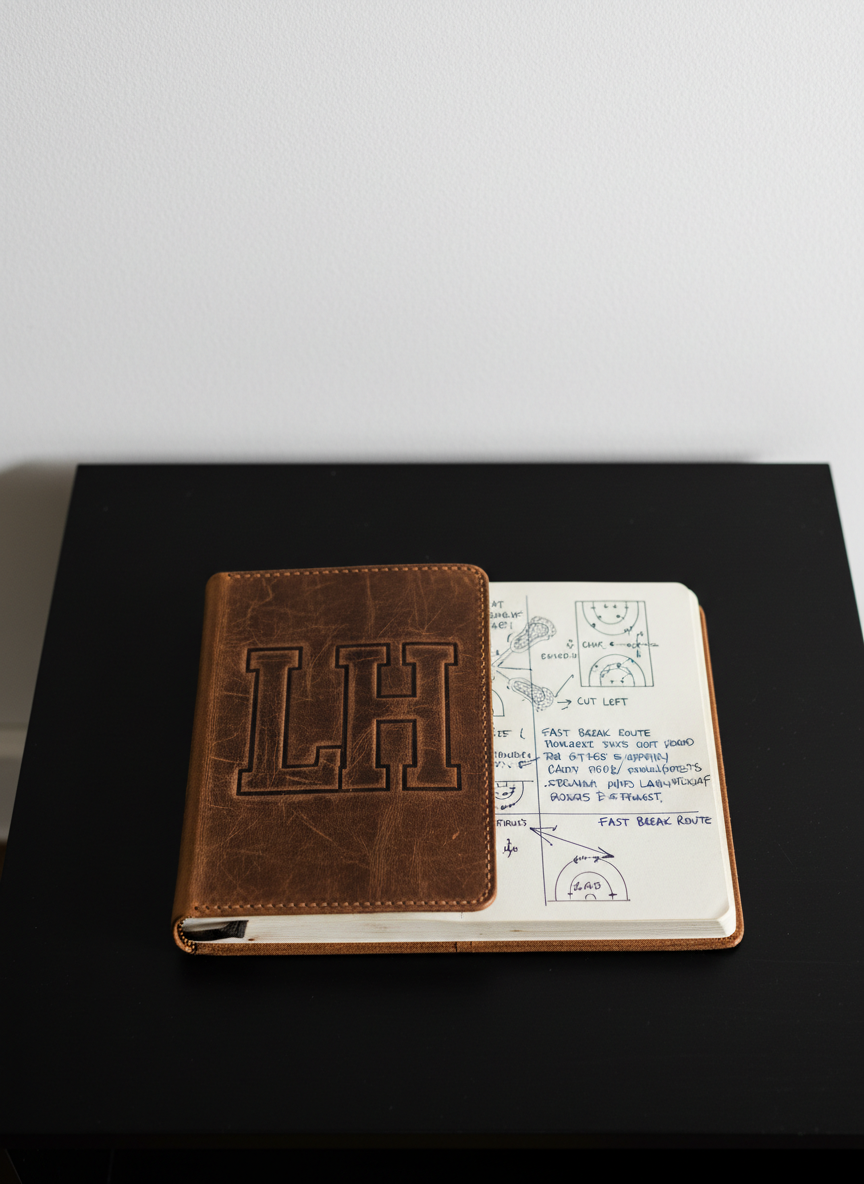 A rugged, textured leather journal embossed with bold initials 'LH', slightly open to reveal handwritten lacrosse plays and candid notes inside, resting on a flawless, matte black coffee table. The backdrop is a minimalist, powder-white wall—no distractions, all focus. Hard, directional lighting from above throws dramatic, unbroken shadows under the journal, emphasizing its contours and the slight curl of its open pages. The overall mood is unapologetically honest and creative, brimming with personal ambition. Photographed from a top-down, slightly offset angle to capture both the embossed cover and glimpses of the narrative within, the composition is tight and impactful. Photographic realism meets minimalist storytelling—a nod to creative and authentic personal branding.