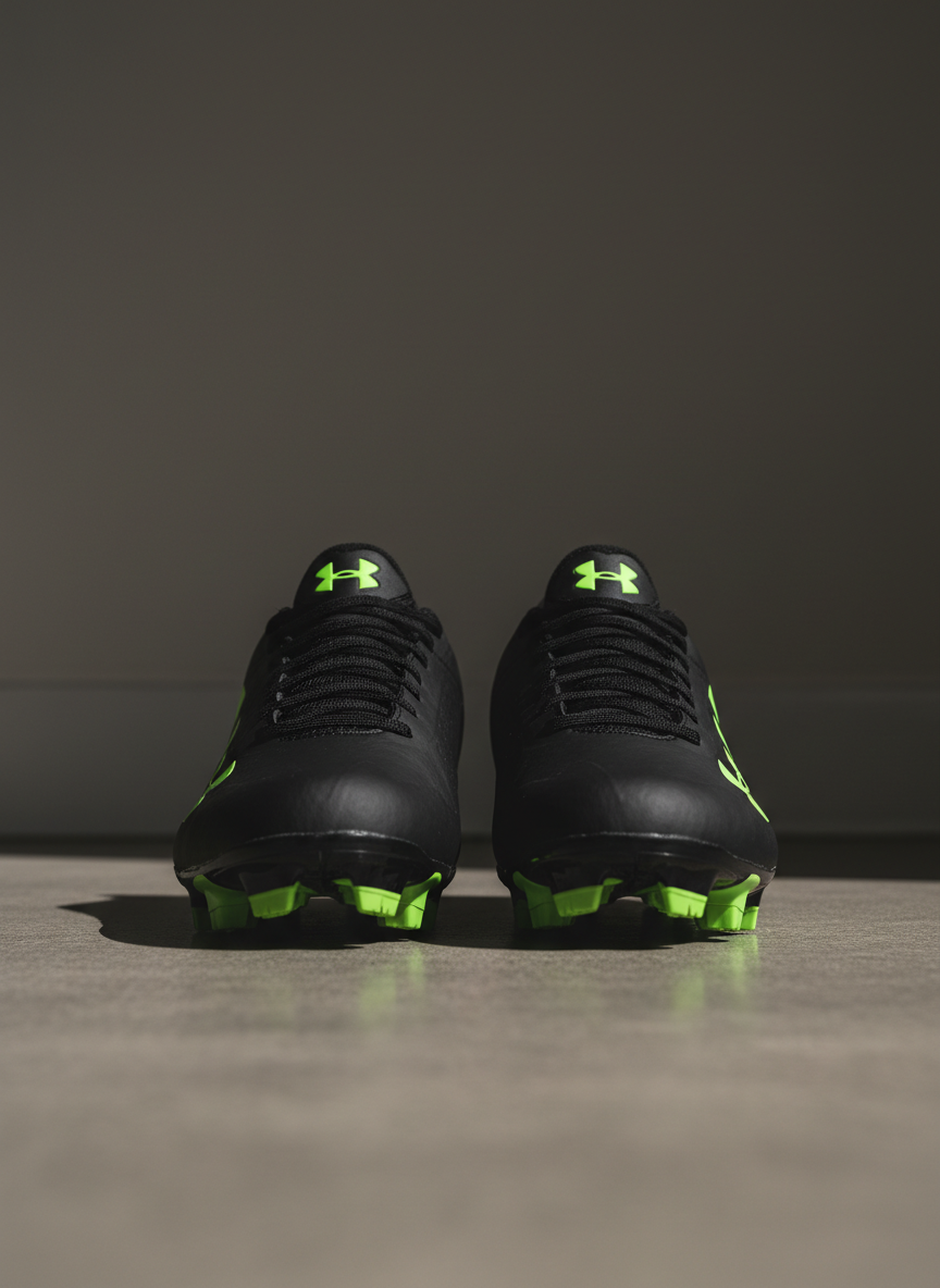 A pair of high-performance lacrosse cleats in matte black with neon green accents, neatly aligned on a pristine concrete floor. Behind them, a minimalist wall in cool, neutral taupe stretches uninterrupted. Crisp, direct spotlighting from the upper right creates razor-sharp shadows and illuminates the cleats’ aggressive tread and seamless stitching, highlighting every tactile surface and subtle logo. The atmosphere is determined and raw, exuding readiness and energy. Captured from a low, close-up angle with the shoes dominating the foreground, the composition is intentionally symmetrical and bold, framed for maximum impact. This photographic, high-contrast image conveys the fast-paced rigor and individuality of student-athlete culture.