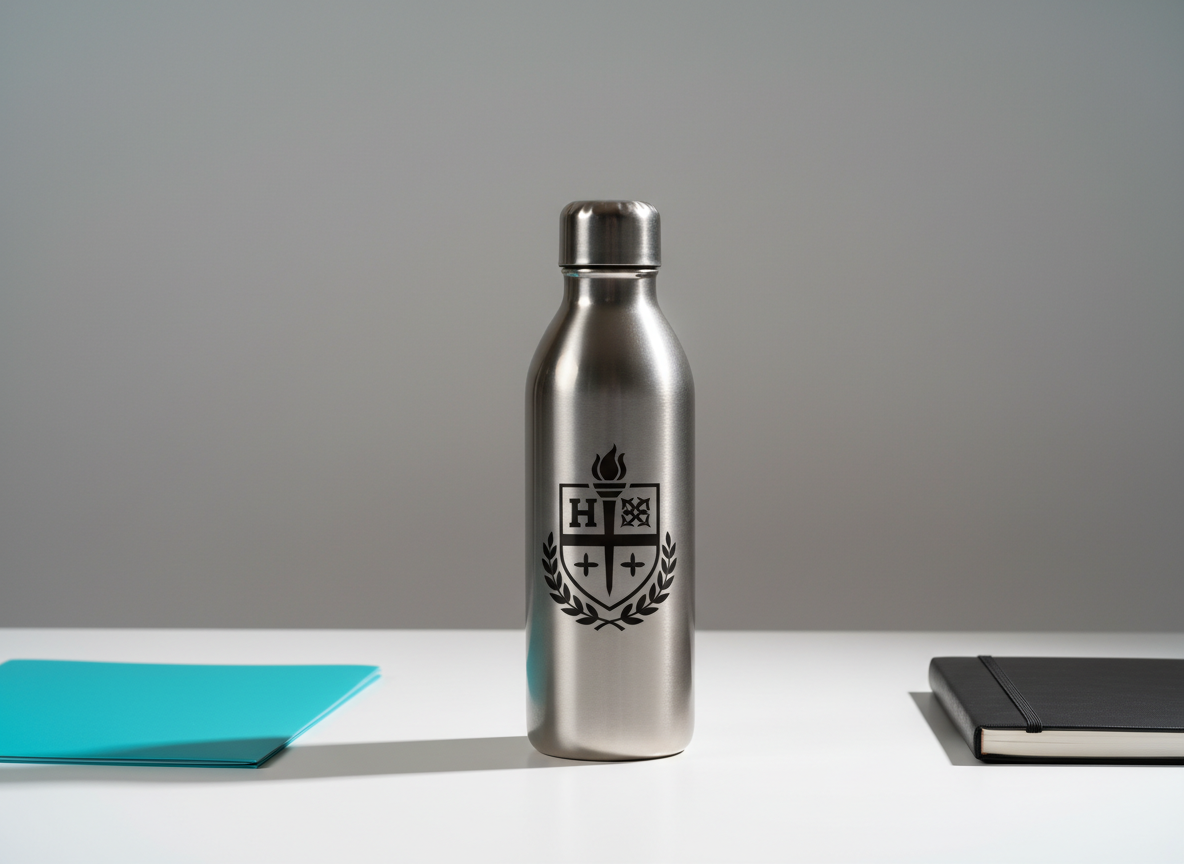 A gleaming, custom stainless steel water bottle etched with an abstract HBCU crest, standing upright on an immaculate white study desk with a single vibrant teal folder and a glossy black notebook. The scene is set in front of a smooth, unadorned dove-gray wall, emphasizing minimalism while letting the bottle command attention. Sharp side lighting from the left throws a bold, clean shadow across the desk, revealing every brushed metal texture in vivid detail. The mood is focused and modern, with a disciplined, driven energy. Shot from eye-level with balanced framing, the composition is centered and intentional—photographic realism meets sleek, minimalist style, perfectly echoing the sense of academic and athletic pride.